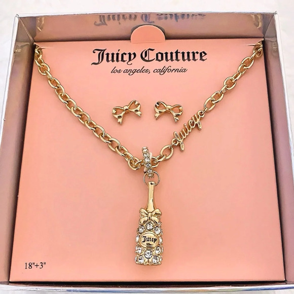 Juicy Couture Rhinestone Champagne Bottle Necklace & Bow Earrings Gift Set - Picture 1 of 5